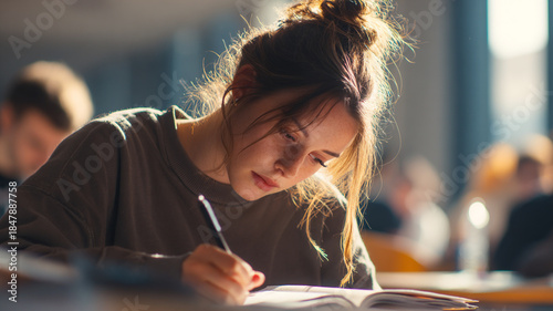 Student writing notes in notebook at university desk