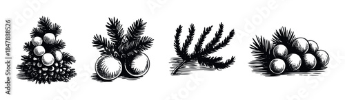 Hand drawn sketch of fir tree branches with baubles for festive holiday decorations and Christmas celebration themes.