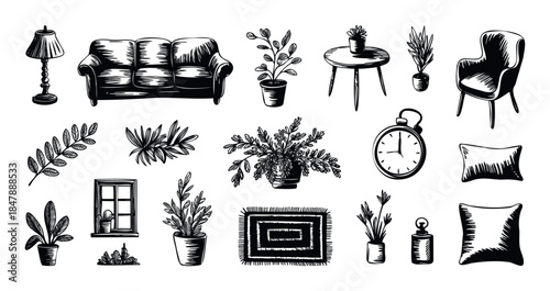 Collection of linocutstyle home decor items including sofa, armchair, table, rug, plants, lamp, and pillows for interior design concepts