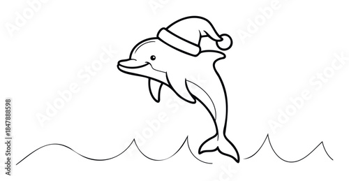 Cute dolphin wearing Santa hat leaping from ocean waves for festive holiday promotions and joyful winter celebrations.