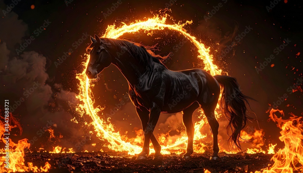 Obraz premium Majestic Black Horse Standing Proudly Within a Fiery Ring Amidst Flames