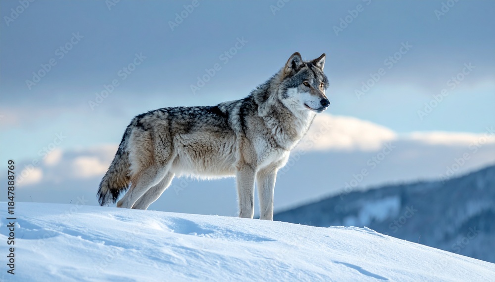 Obraz premium A magnificent gray wolf stands proudly atop a snow-covered peak, its gaze fixed on the expansive, frozen wilderness, embodying strength and the untamed spirit of winter