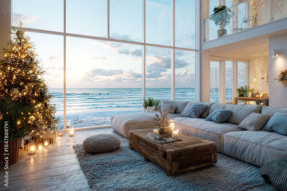 Obraz premium Cozy Christmas living room with ocean view and twinkling lights, perfect for holiday relaxation, digital background ms teams, digital meeting background, zoom background