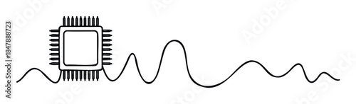 Microchip processor with a wavy line representing data flow or signal for technology concepts and electronic communication applications