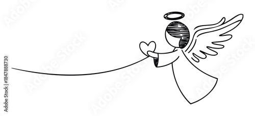 Minimalist line drawing of a gentle angel figure with outstretched arms holding a heart, symbolizing love and hope, perfect for greeting cards and spiritual messages