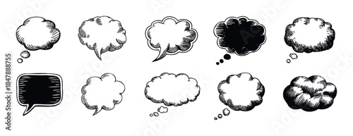 Collection of handdrawn speech bubbles and thought clouds in various styles for communication and storytelling in graphic projects and media applications