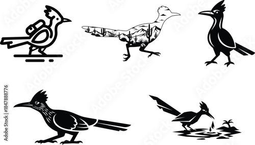 Black silhouette collection of running birds featuring the iconic roadrunner for speed related marketing materials and brand logos.