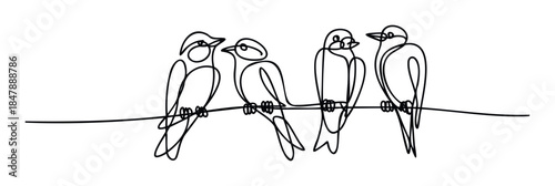 Continuous line drawing of four birds perched on a wire, a simple and modern graphic perfect for web design, social media posts, and charming naturethemed projects.