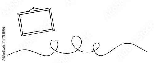 Hanging empty picture frame with a whimsical black line flowing below, perfect for displaying memories or conveying a sense of thoughtful connection in invitations and website backgrounds.