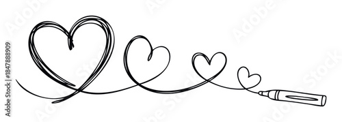 Continuous line drawing of interconnected hearts flowing from a marker creating a sense of love and connection for romantic themes or branding.