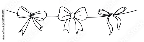 A delicate black line drawing featuring three distinct bows strung together on a single horizontal line, perfect for gift wrapping, celebrations, or festive greetings.