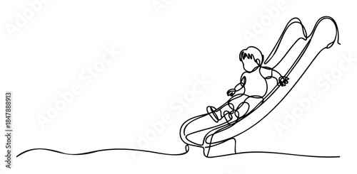 Continuous line drawing of a joyful child sliding down a playground slide, capturing the fun of outdoor play and childhood activity for use in graphic design and marketing.