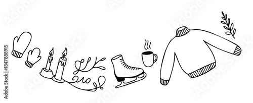 Cozy winter objects like mittens, candles, ice skate, hot drink and sweater forming a border, perfect for seasonal greetings and festive promotions.