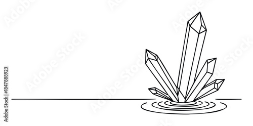 Minimalist line drawing of pointed crystals emerging from rippling water, perfect for wellness themes and natural beauty projects.