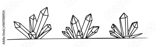 Collection of geometric crystal clusters drawn with bold black lines on a white background for graphic applications and decorative purposes