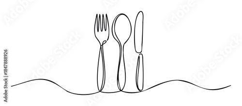 Minimalist single line drawing of fork spoon and knife set on wavy line for food service restaurant dining celebration and culinary concepts