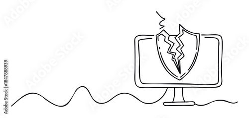 Computer screen with broken shield and lightning strike symbolizing cyber security breach or data vulnerability, suitable for technology and network security themes.