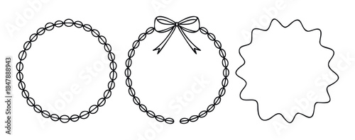 Set of three decorative circular frames with oval bead chains and a festive bow, perfect for creating unique borders and embellishments in holiday projects and greeting cards.