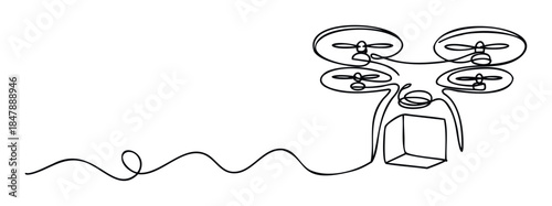 Single line drawing of a drone delivering a package connected by a flowing wire, representing modern logistics and delivery services for ecommerce and supply chain innovation.