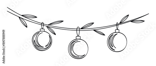Simple line drawing of decorative baubles hanging from a branch for seasonal holiday and festive celebrations