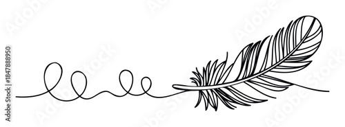 Single line drawing of a delicate feather flowing into a whimsical wavy line representing movement and imagination, perfect for design projects and conceptual themes