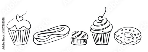 Hand drawn pastries including cupcakes, eclairs, and donuts presented in a simple linear sketch for food related projects and designs.