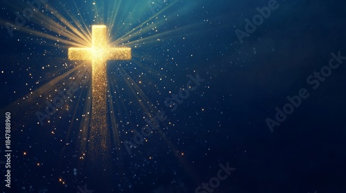 Golden cross with glowing light rays on deep blue background, with copy space for text overlay