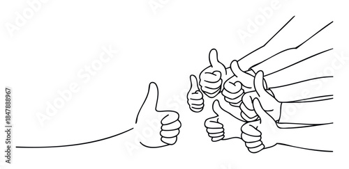 A single thumb up gesture stands alone against a multitude of thumbs up approvals from a group, representing social media likes and consensus in business and communication.