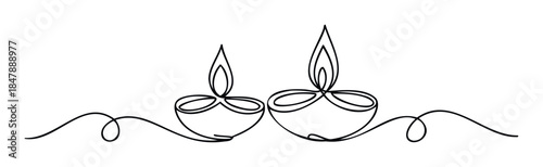 Two elegant single line diwali lamps with flame accents on a decorative flourish, perfect for festive celebrations and cultural events.