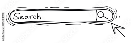 Hand drawn search bar icon with magnifying glass and cursor pointer, symbolizing online information discovery and web navigation for user interfaces and digital platforms