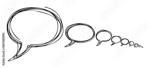 Hand drawn speech bubbles in diminishing size from large to small conveying conversation progression or shrinking ideas, perfect for communication or idea development.