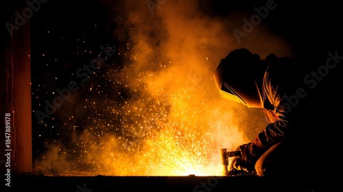 Welder working in a dark industrial setting with bright sparks flying.