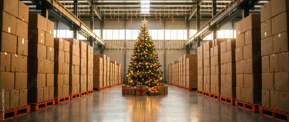 Naklejka premium Festive Christmas logistics warehouse with decorated tree and parcels