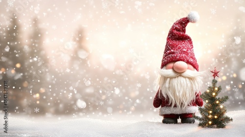 Chubby Christmas gnome with red hat stands in snow beside small decorated fir tree with copy space