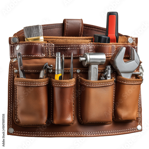 Leather Tool Belt Filled With Various Tools for Construction and Repair Work