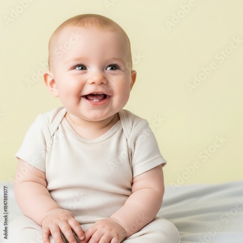 Happy Smiling Baby Sitting on Floor with Copy Space, Clean Studio Background