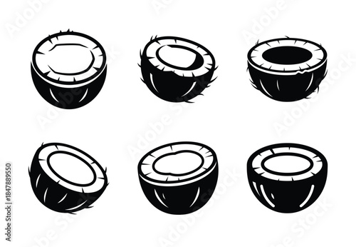 set of food coconut half silhouette icon vector illustration isolated on white background