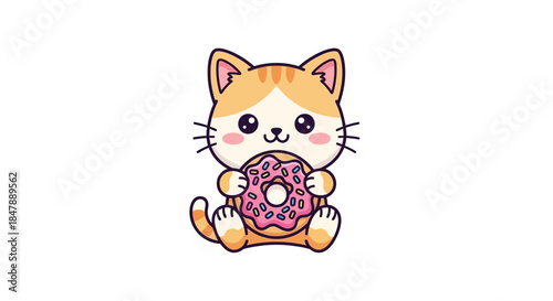 Cute cartoon orange and white kitten holding a pink frosted donut with sprinkles, isolated on white background, charming digital art illustration