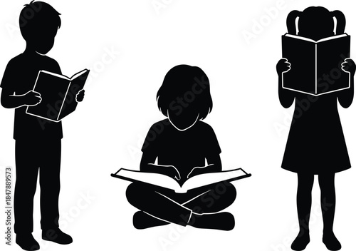 Set of School Children Silhouettes and Kids Reading Books Icons for Education Youth Development Primary School and Childhood Learning Graphic Design