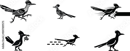 Retro style roadrunner cartoons and modern flat icons in black and white for vintage and contemporary design projects.