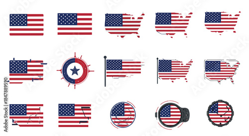 Collection of American Flag Icons and Graphics Representing the United States
