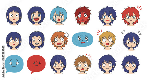 A vibrant collection of diverse cartoon character faces, meticulously illustrating a broad spectrum of human emotions and facial expressions for digital media and graphic design projects