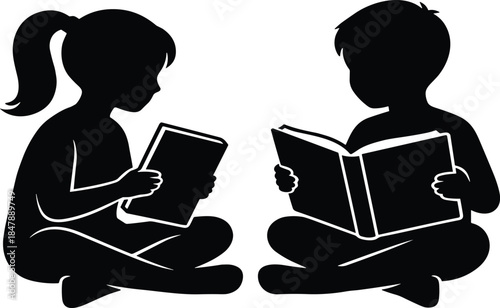 Silhouettes of Two Young Children Sitting and Reading Books Together, Illustrating Education, Learning, Friendship, and the Importance of Early Childhood Literacy