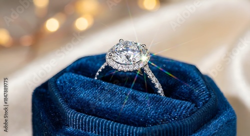 A close-up of a luxurious diamond engagement ring in a velvet box, sparkling under studio lights with a soft bokeh background.