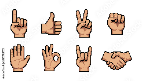 Hand gestures pixel style icon set, thumbs up peace handshake