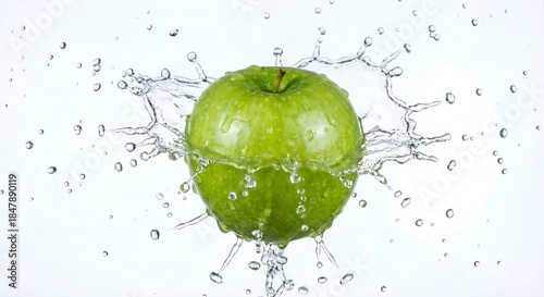 A dynamic macro shot of fresh water splashing onto a vibrant green apple, freezing the motion of droplets to emphasize freshness and hygiene.