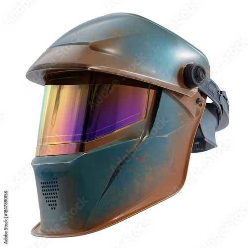 Welding Helmet With Colorful Visor on Display in a Workshop Setting During th...