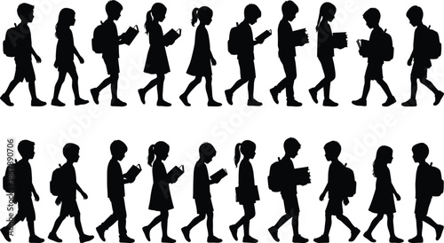 Vector Silhouette Collection of School Children Walking with Backpacks and Reading Books for Education Primary Learning Literacy and Youth Student Graphics