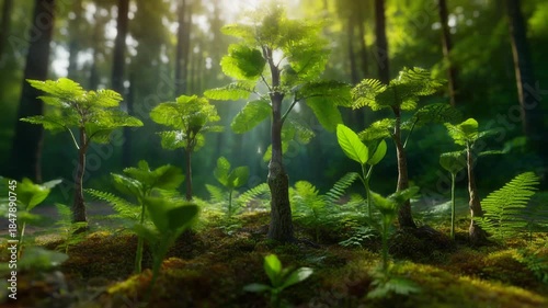 Hopeful green sprouts growing from cracked drought ground
