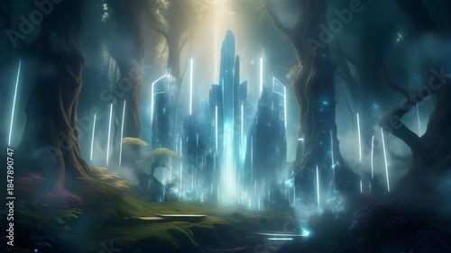 Epic enchanted forest with light rays and mysterious glowing city